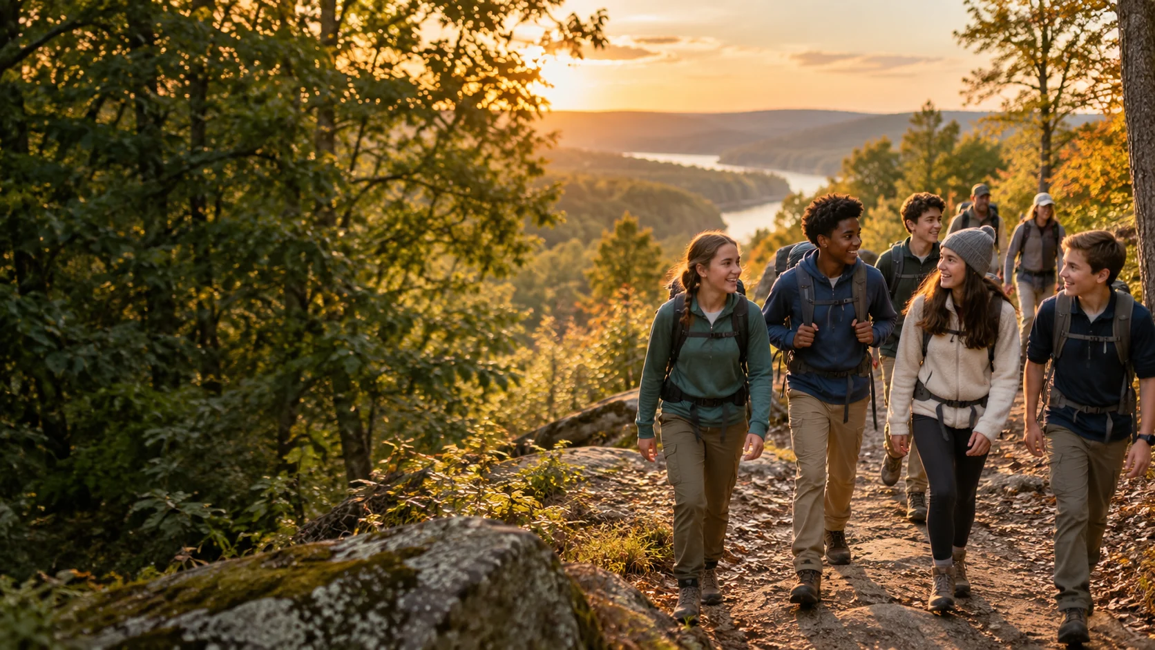 An illustrative scene of a diverse group of teenagers hiking together in Tennessee hills